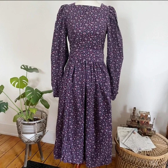 Vintage 80s Laura Ashley Prairie Needlecord Cottagecore Puff Shoulder Dress - Picture 1 of 11